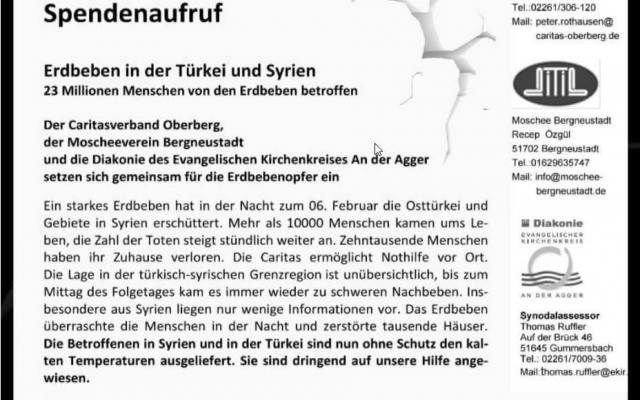 Spendenaufruf von Caritas Oberberg, Moscheeverein Bergneustadt und dem Evangelischen Kirchenkreis